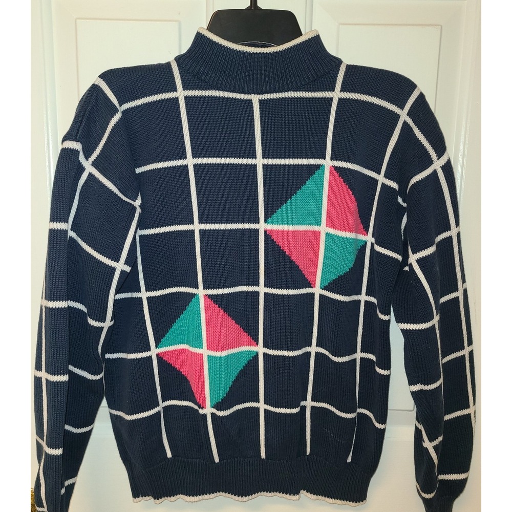 Vtg 80s Women's Aurea Geometric Mock Neck Sweater Stranger Things 100% Cotton M